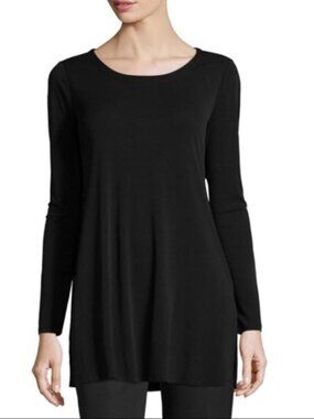 EILEEN FISHER Black Silk Long Sleeve Tunic Top Side Slits Size 1X Lagenlook